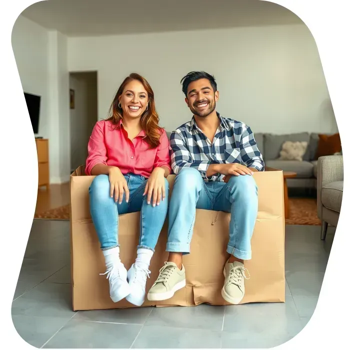 Two guys sitting on the floor of their apartment with Muval moving boxes